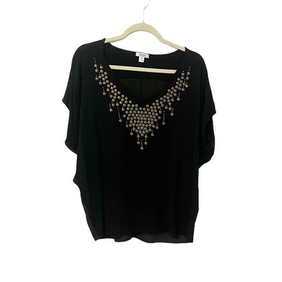 Cache Tops - Cache Black Gold Embellished V- neck Dolman Sleeve Shirt Size M